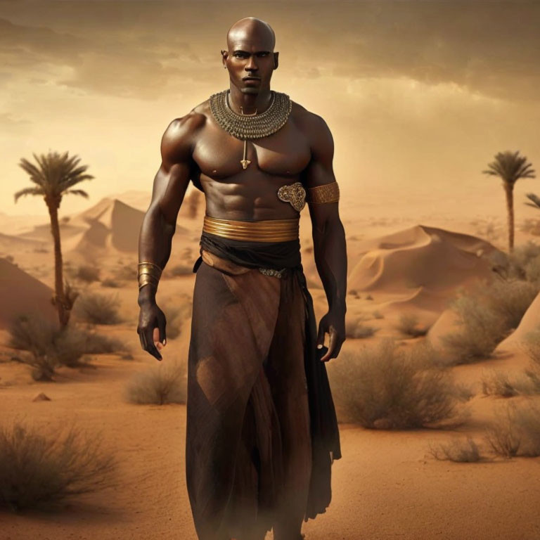 Muscular man in ancient Egyptian attire in desert setting