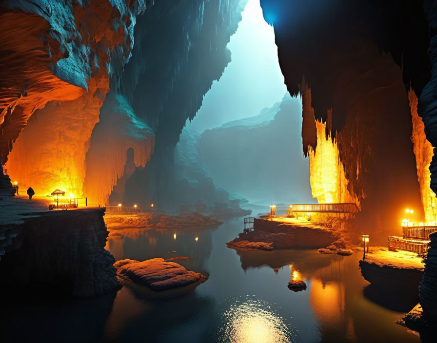 Spacious underground cave with serene water and rock formations