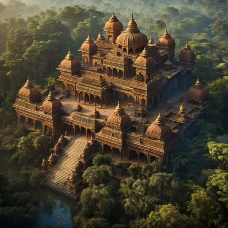 Ornate palace with domes and spires in lush forest setting