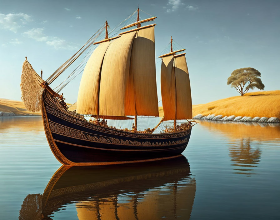 Sailboat with billowing sails on calm water and golden sand dunes