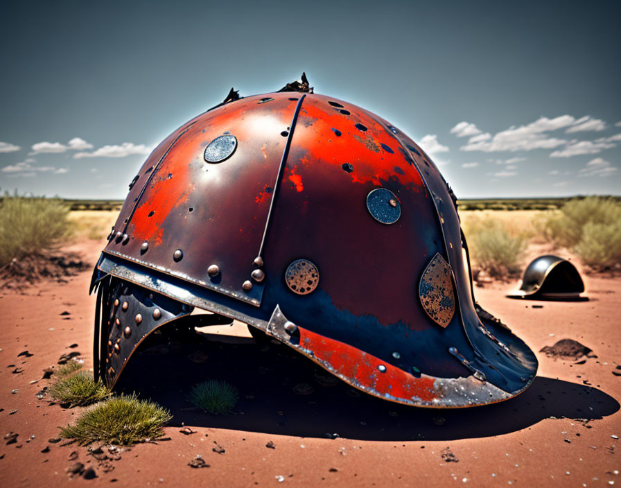 Rusted abandoned helmet in desert with red sand and blue sky