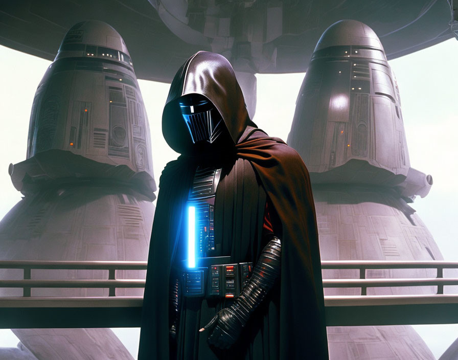 Character in black helmet and cape with blue lightsaber before cylindrical structures