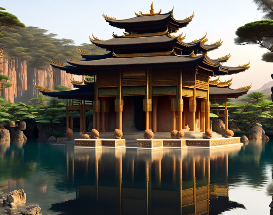 East Asian Pagoda Architecture Reflected in Tranquil Lake