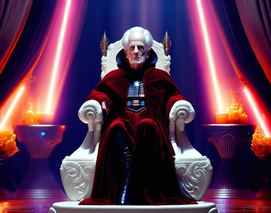 Costumed individual as Emperor Palpatine on throne with red curtains and lightsabers in grand setting