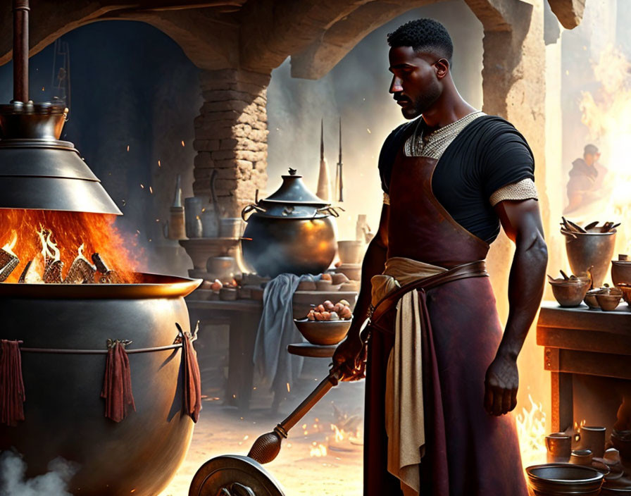 Historical man cooking in busy kitchen with cauldron