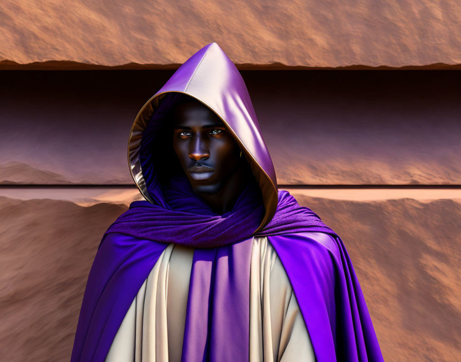 Dark-skinned person in purple cloak against warm backdrop