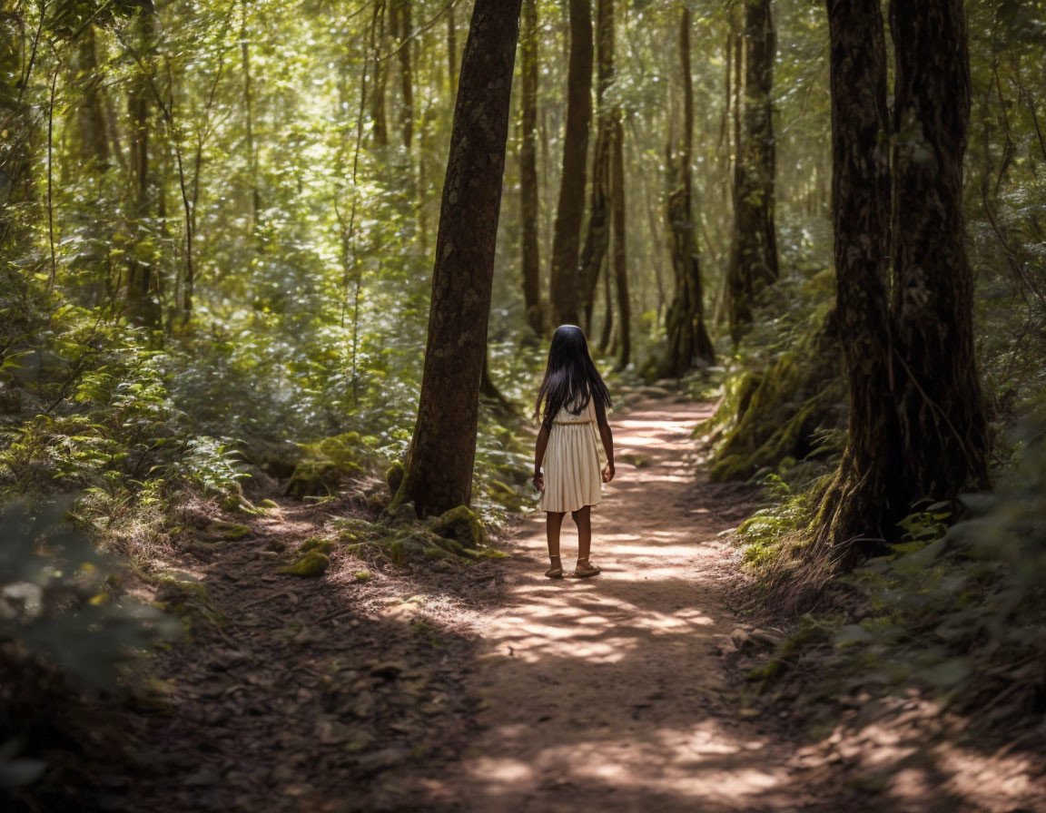 Young girl with long hair in tranquil forest setting