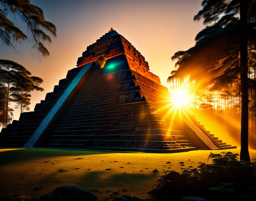 Ancient step pyramid at sunset with rays and trees