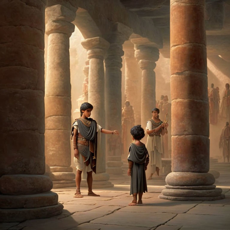 Anciently dressed individuals in grand hall with towering columns