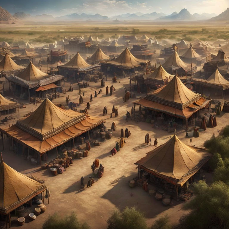 Ancient marketplace scene with tents, merchants, and shoppers in desert landscape