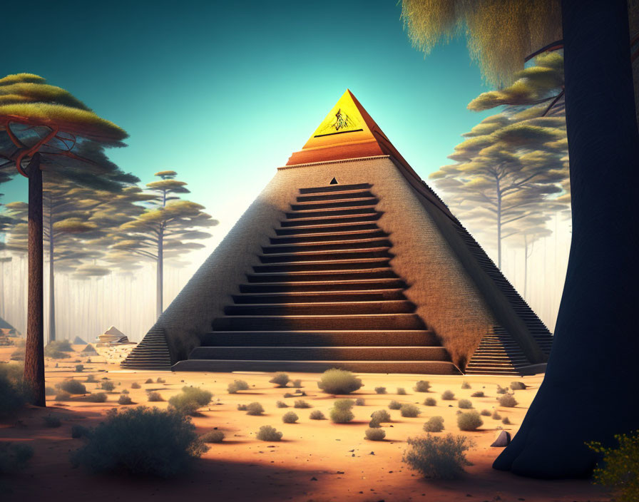 Large glowing capstone pyramid in desert landscape