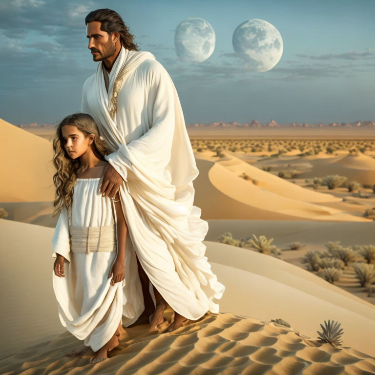 Man and girl in white robes walking in desert with dunes and two moons in the sky