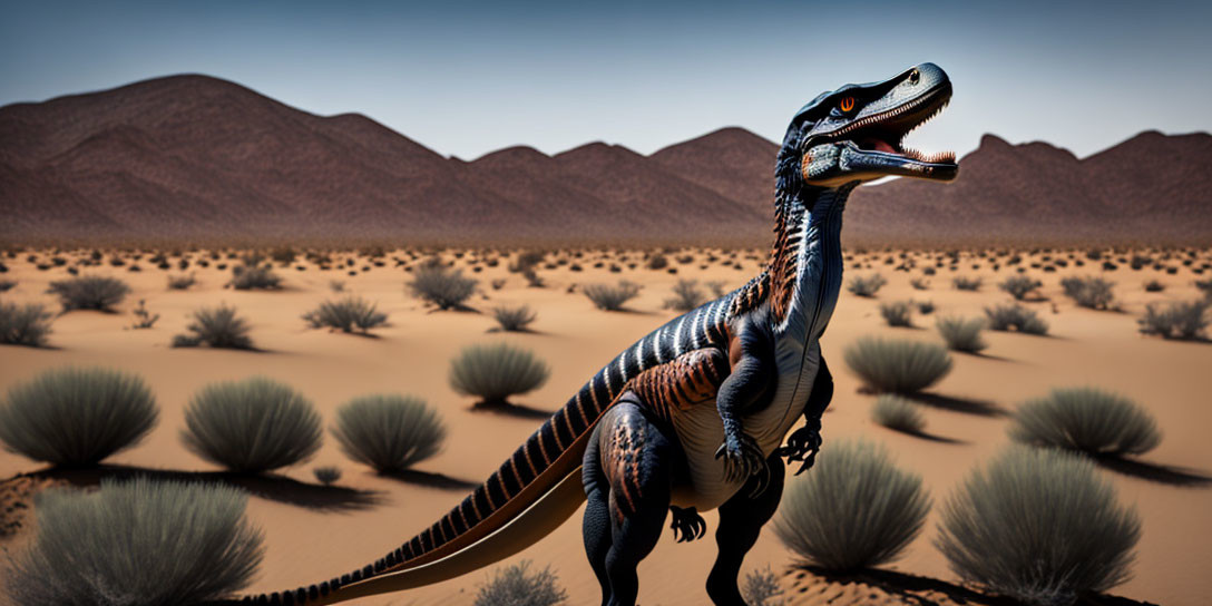 Digital rendering: Velociraptor in desert with sparse vegetation under clear blue sky