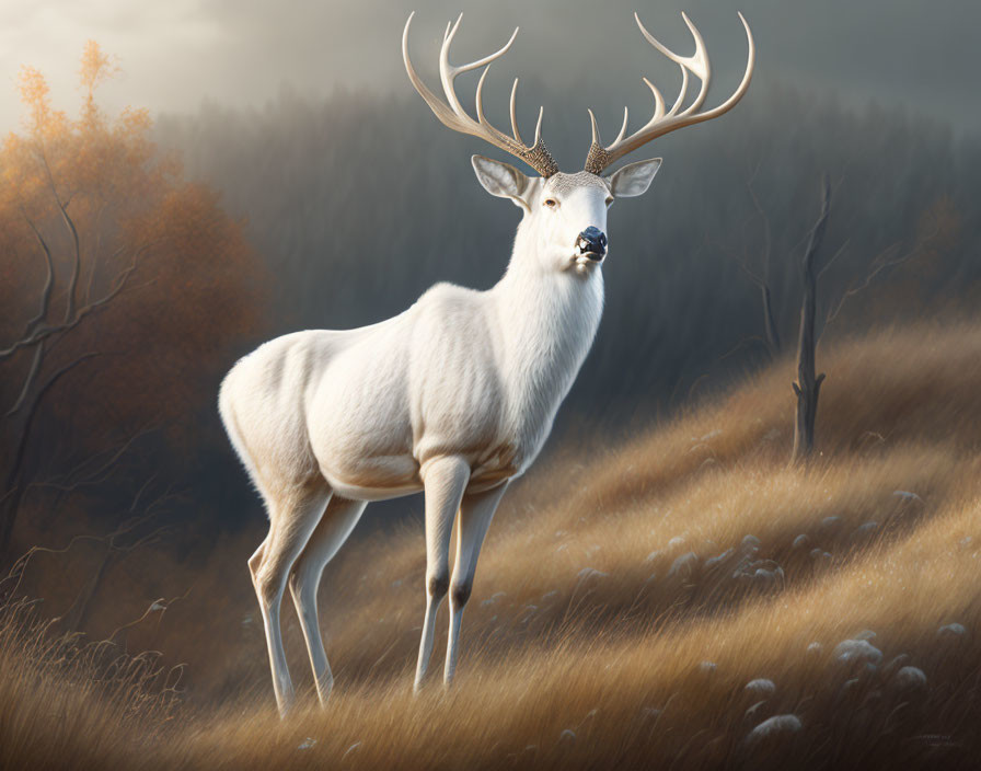 White stag with large antlers in golden-lit meadow with autumnal trees