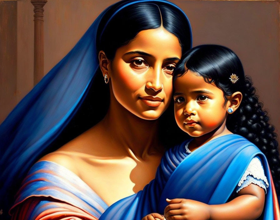 Portrait of Woman and Girl in Blue Saris with Dark Hair