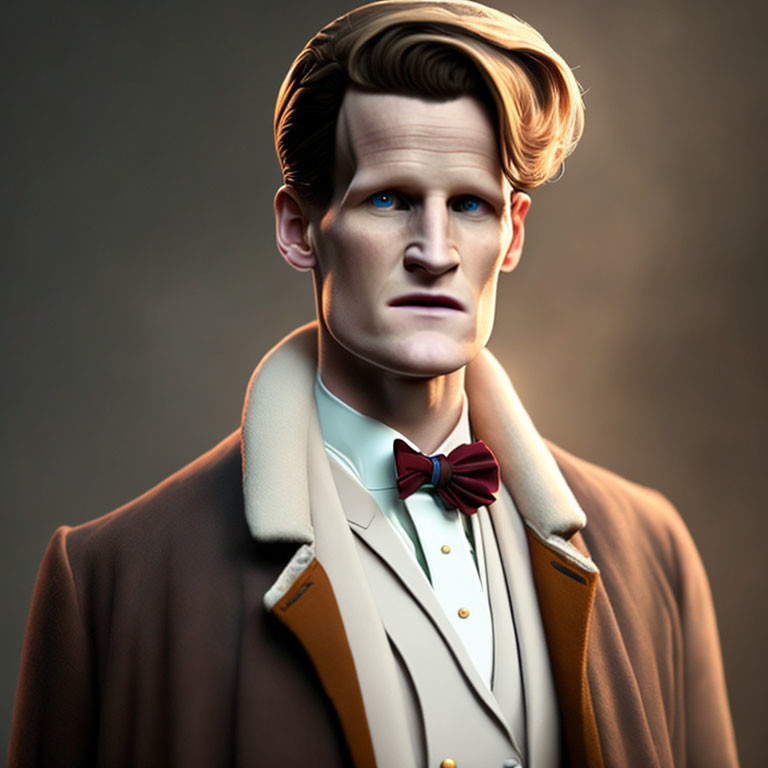 Man with Distinctive Hair in Maroon Bow Tie and Brown Coat 3D Illustration