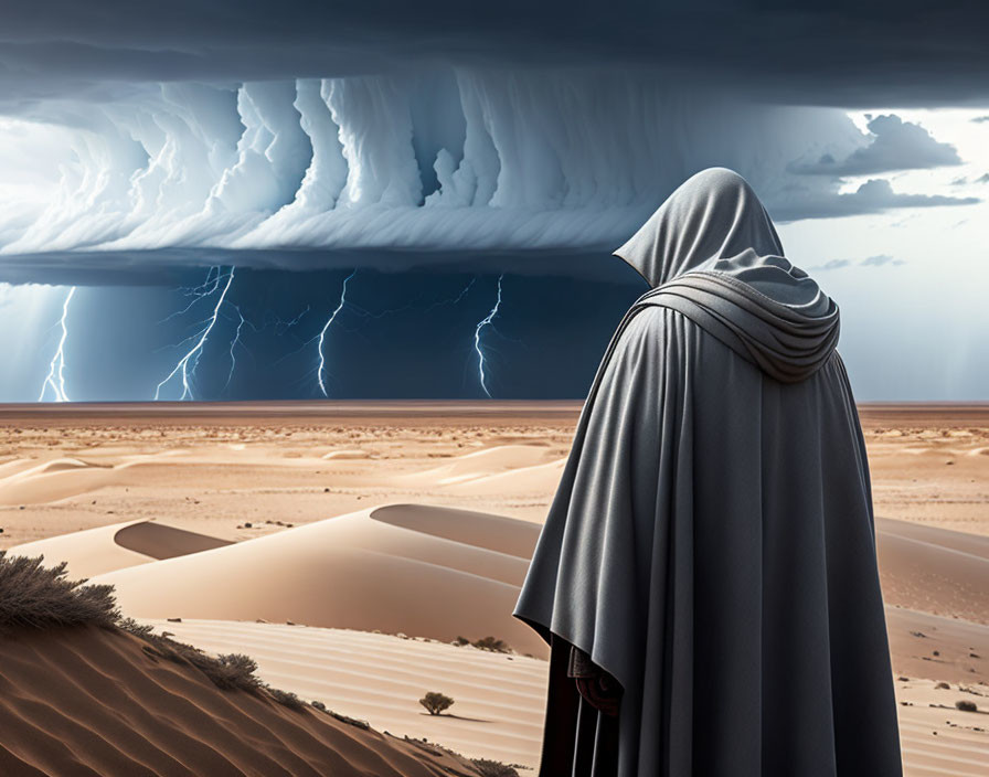 Cloaked figure in desert sandstorm under tumultuous sky