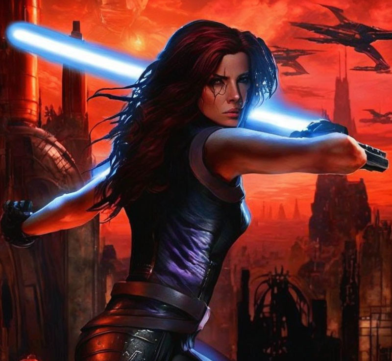 Female character wields blue lightsaber and blaster in fiery dystopian setting