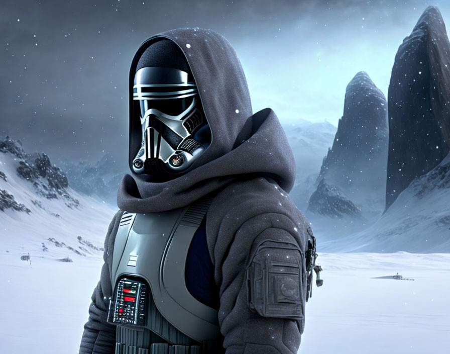 Futuristic soldier in dark outfit against snowy mountain