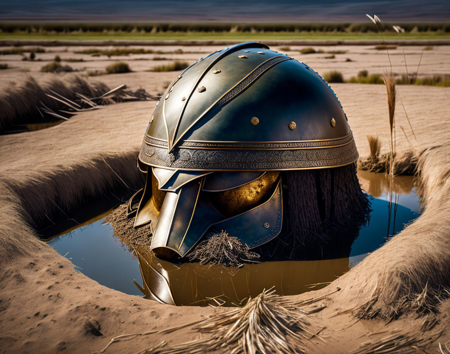 Medieval knight's helmet reflected in small puddle on dry grassland