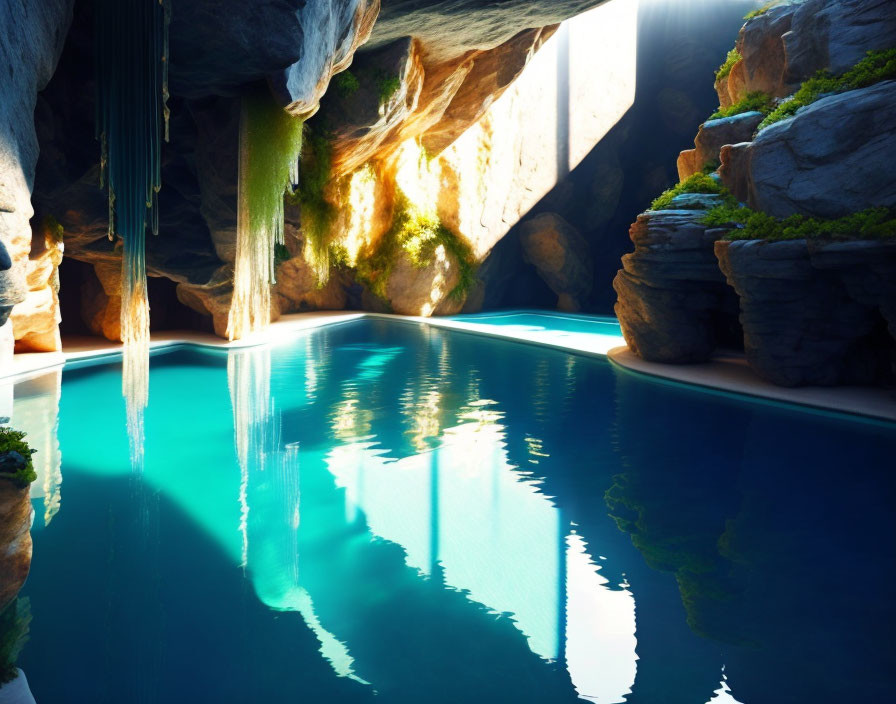 Tranquil underground cave with crystal-clear blue pool