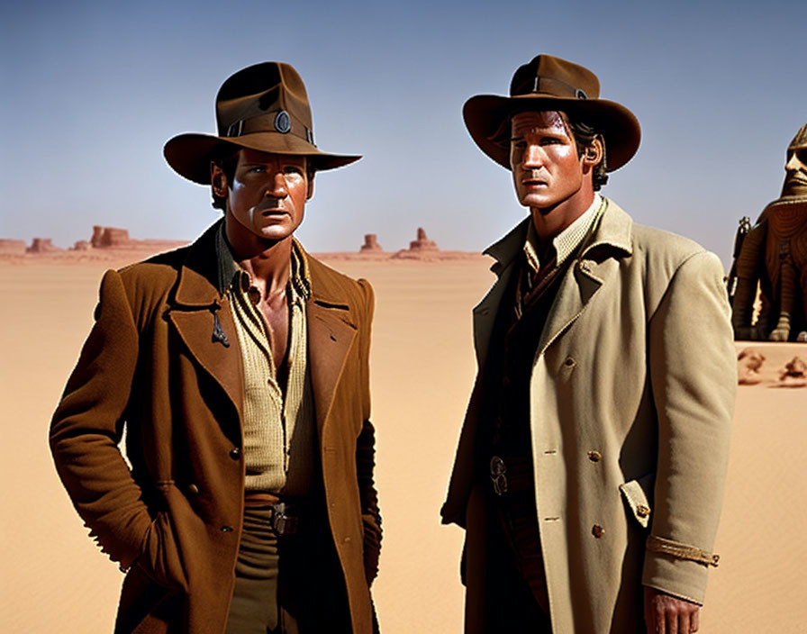 Men in adventurer outfits with fedoras in desert with humanoid figures and sand dunes.