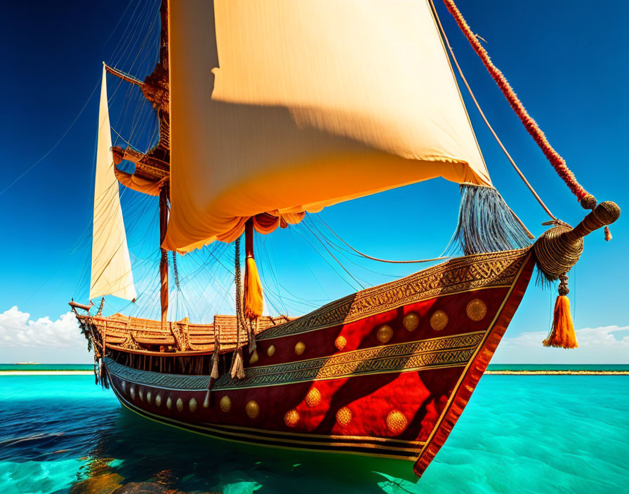 Ornate red-accented traditional sailing boat on turquoise ocean