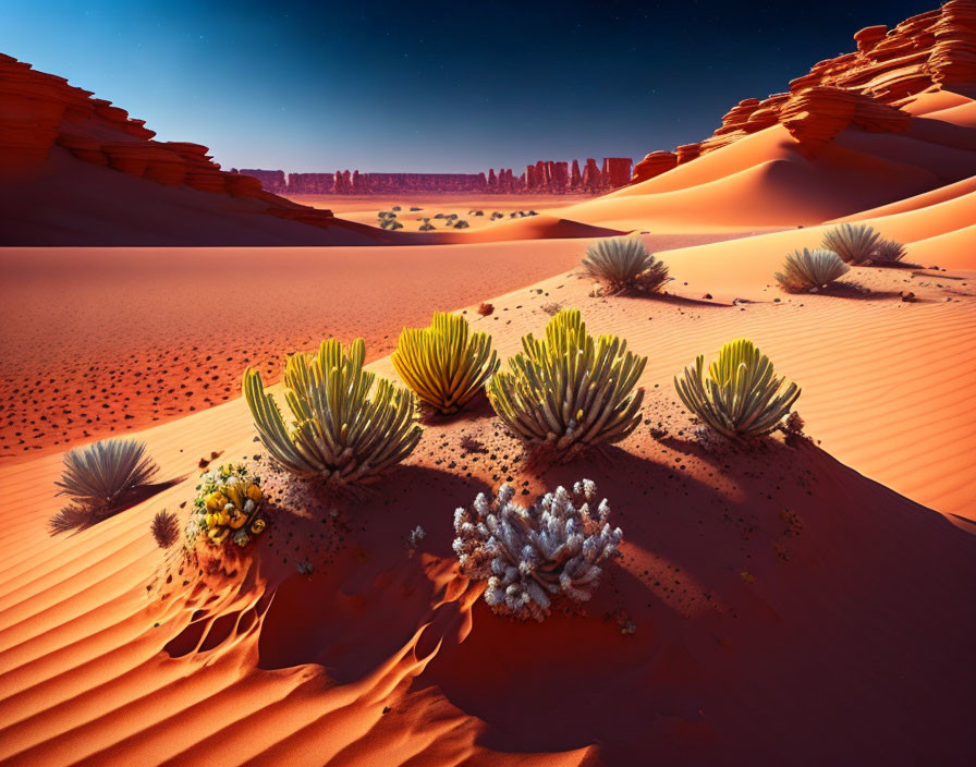 Twilight desert landscape: red sand dunes, green plants, distant rock formation.