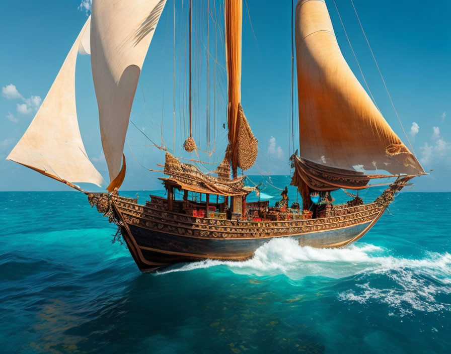 Wooden sailing ship with tan sails on turquoise sea