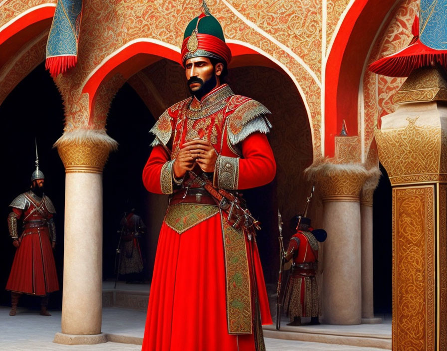 Regal man in red and gold armor in opulent corridor