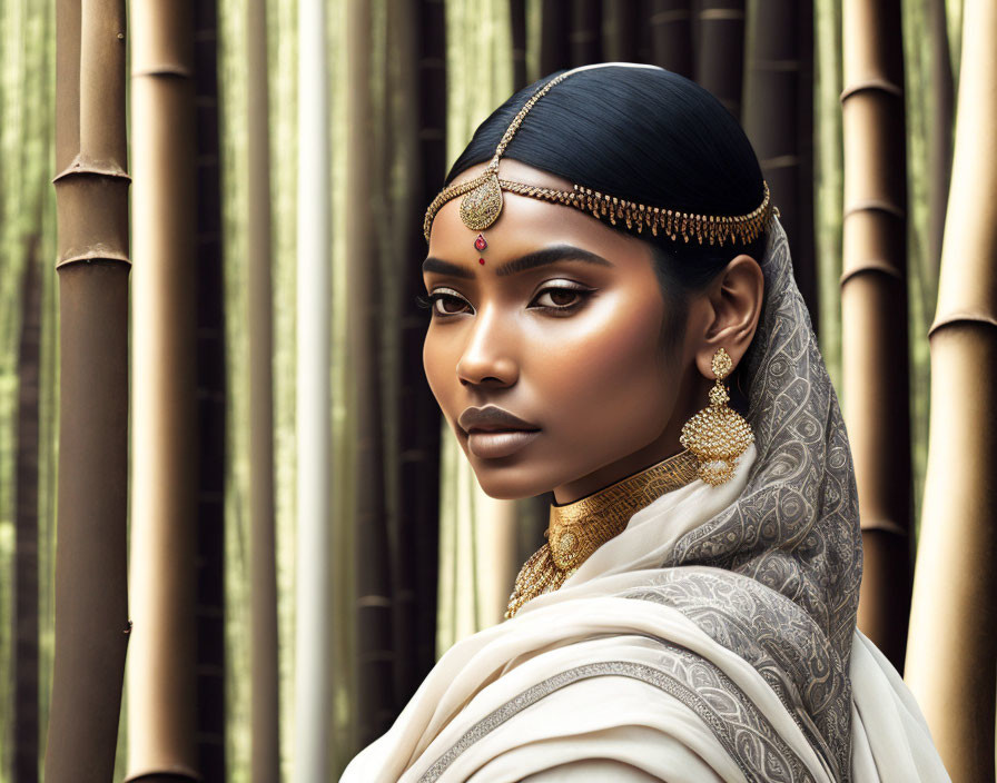 Traditional Indian jewelry on woman against bamboo background