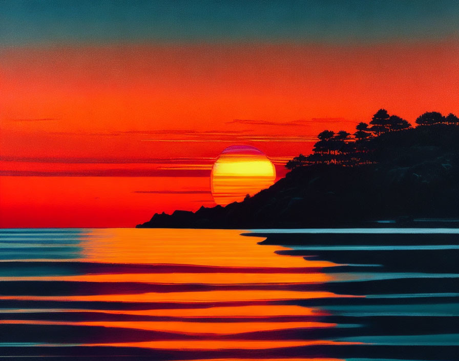 Scenic sunset with large sun, orange and red hues, calm sea, and silhouetted