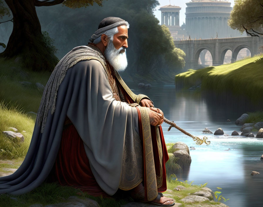 Elderly bearded man in ancient robes by serene river with stone bridge