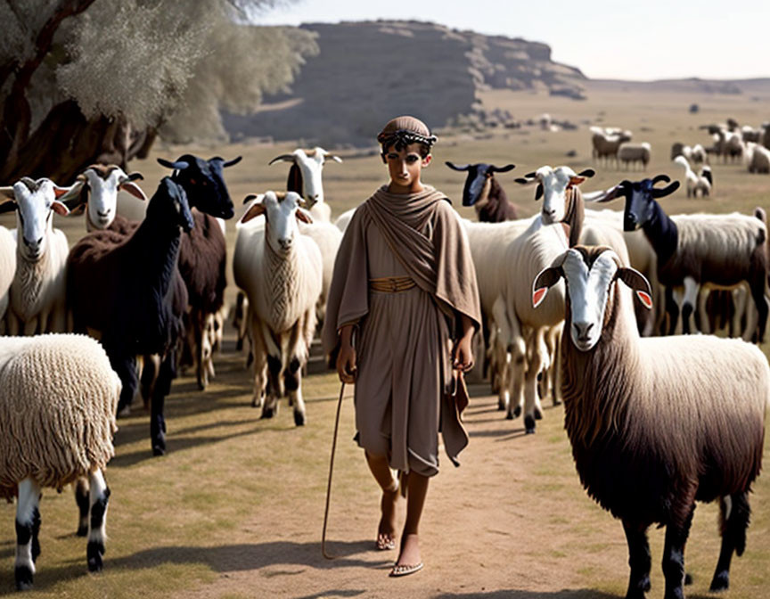 Traditional attire person herding sheep on grassy plain