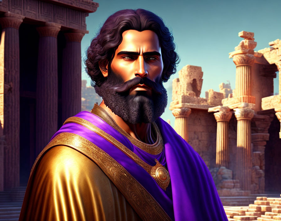 Regal man with beard in purple cloak and columns background