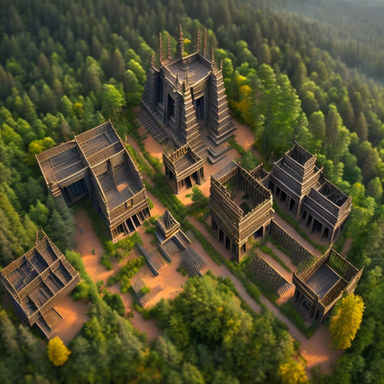 Ancient temple complex in dense forest with intricate roofs