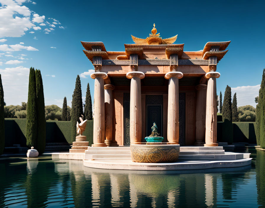 Classic temple with golden accents and sculptures in serene setting