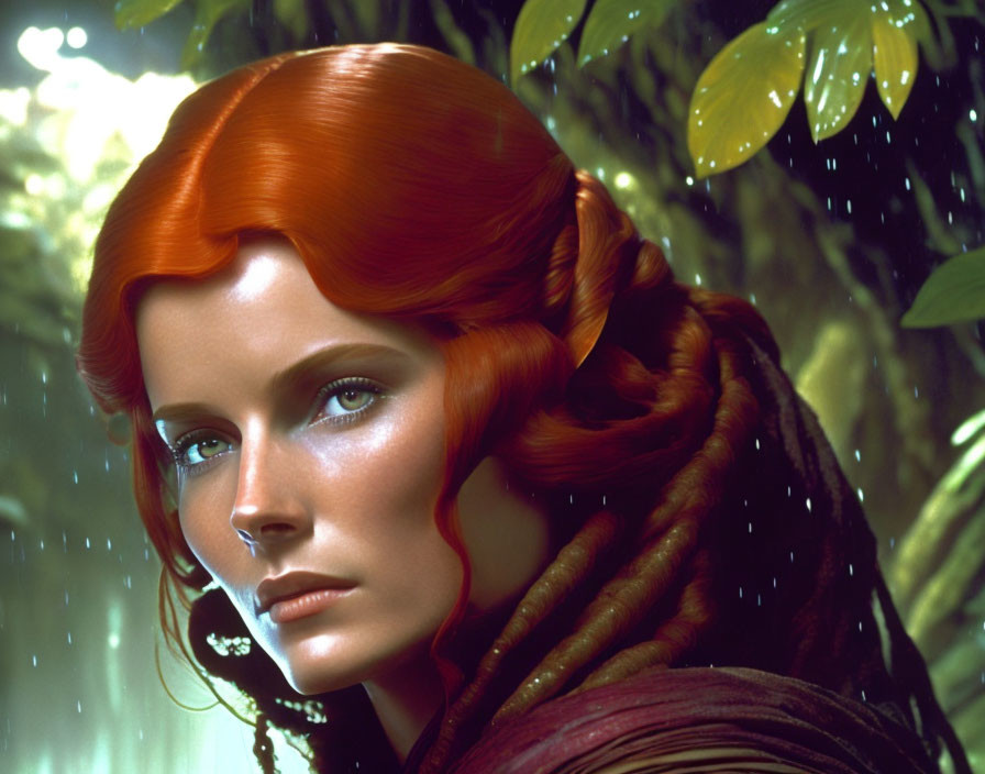 Vibrant red-haired woman in rain-soaked forest portrait