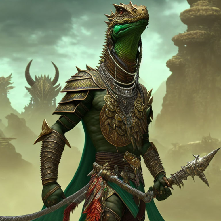 Reptilian humanoid warrior in ornate armor with spiked mace.