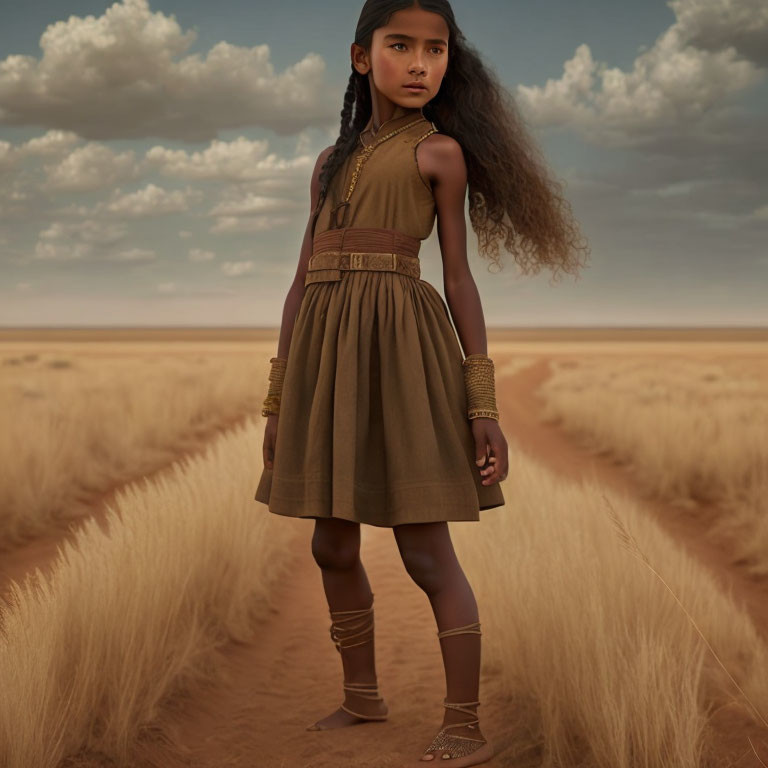 Young girl in desert wearing brown dress and golden accessories gazes over shoulder