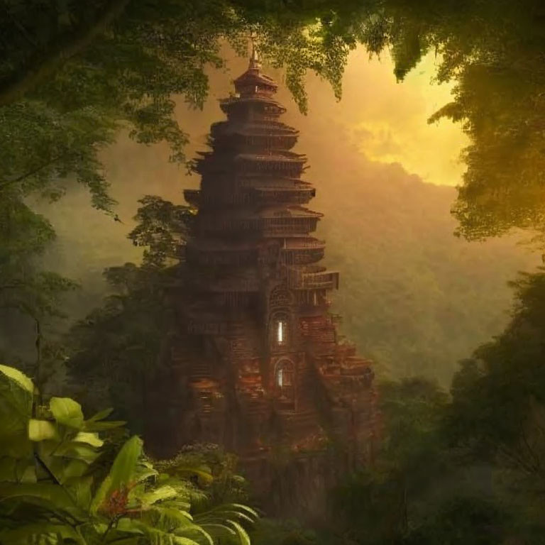 Ancient pagoda in lush forest at sunrise or sunset