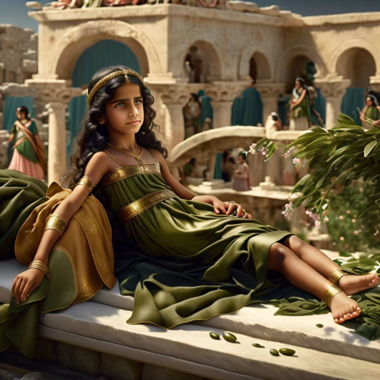 Ancient Roman girl in serene setting with architecture & figures