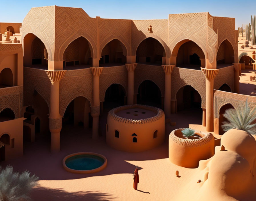 Traditional attire person in ornate desert palace courtyard with arches and pool