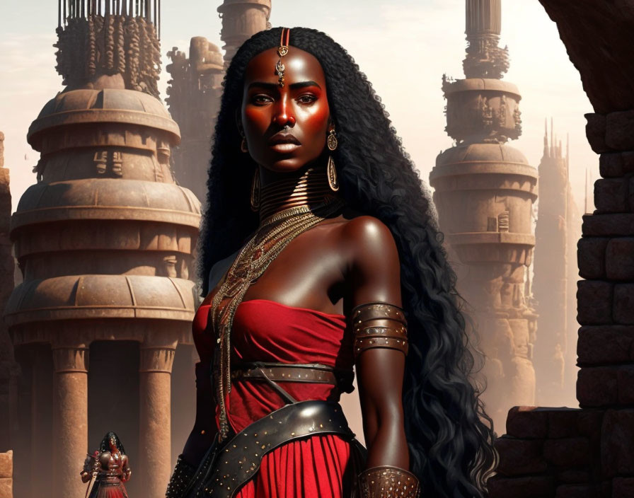 Dark-skinned woman in regal attire with gold jewelry against ancient architecture