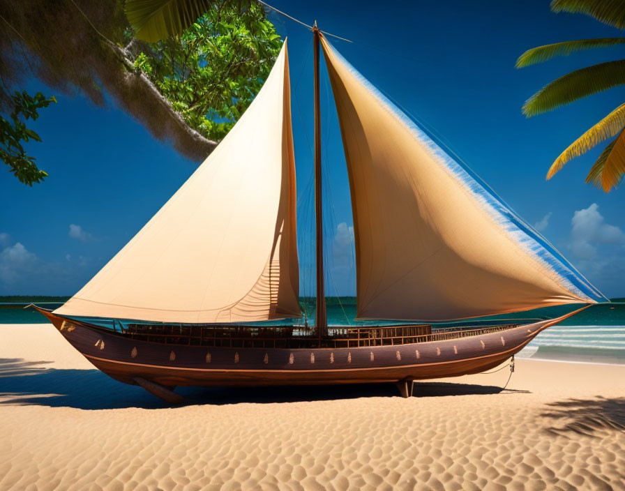 Traditional Sailboat on Sandy Beach with Palm Tree Branches and Clear Blue Sky