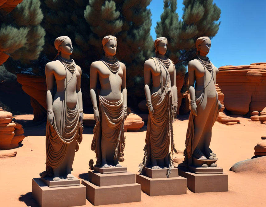 Stylized statues with draped garments in desert landscape