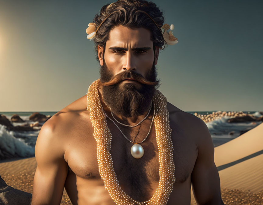 Bearded man in pearls and seashells on beach at sunset