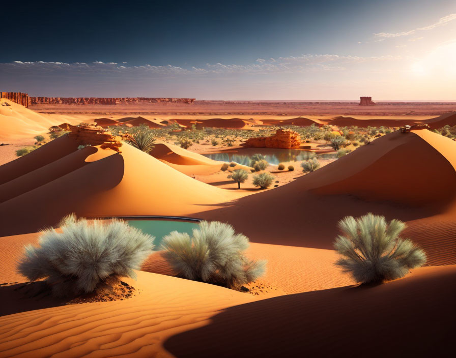 Sunset desert landscape with golden sand dunes, green shrubs, rocky plateau, and isolated structure