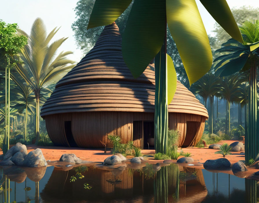 Conical wooden eco-home in lush jungle with reflective water