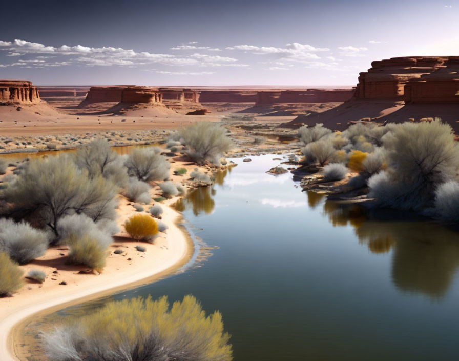 Tranquil desert oasis with river, lush bushes, and sandstone mesas